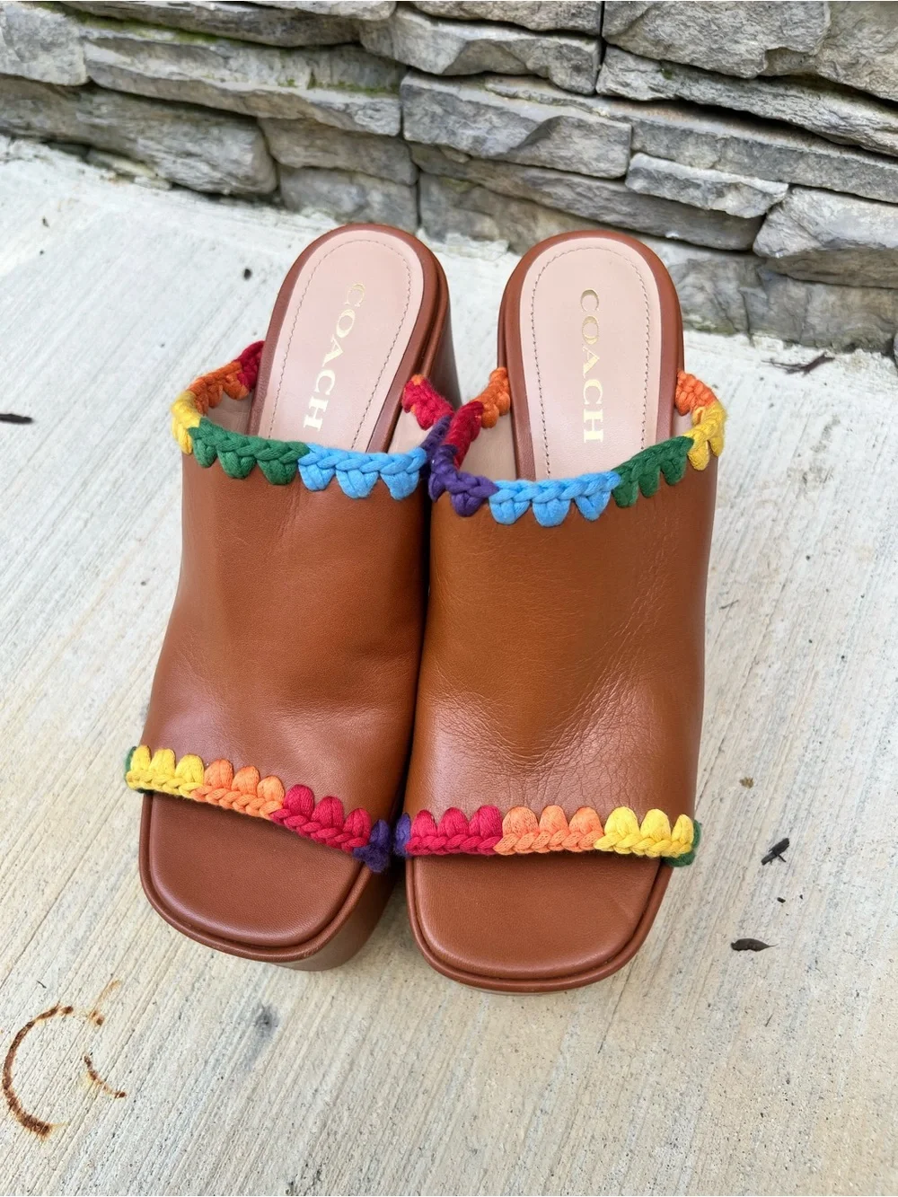 Coach Brown Rainbow Crochet  Leather Platform Mules Shoes sz 9